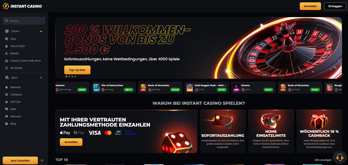 Screenshot der Instant Casino-Startseite mit Juventus-Partnerschaftsbanner und Casinospielen wie Chaos Crew 2.