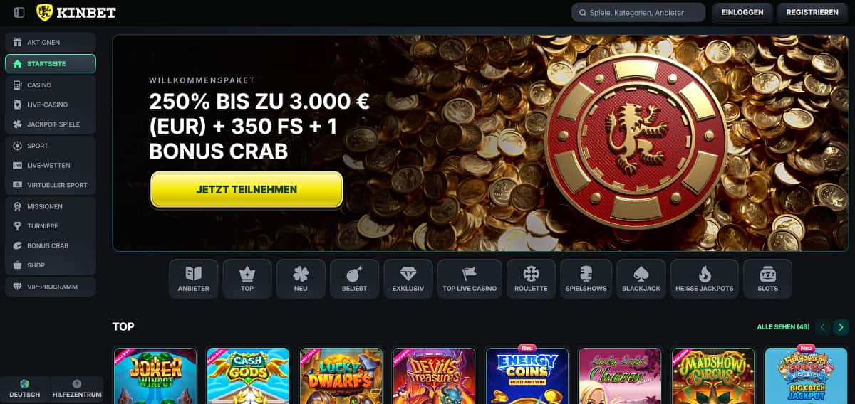 Screenshot der Kinbet Casino-Startseite mit einem Willkommensbonus-Banner ('250% bis zu 3.000 € + 350 Freispiele + 1 Bonus Crab') und einem Pokerchip mit Löwenemblem. Links eine Navigationsleiste, darunter Spielkategorien und Slots wie Joker Bombs und Gates of Olympus.
